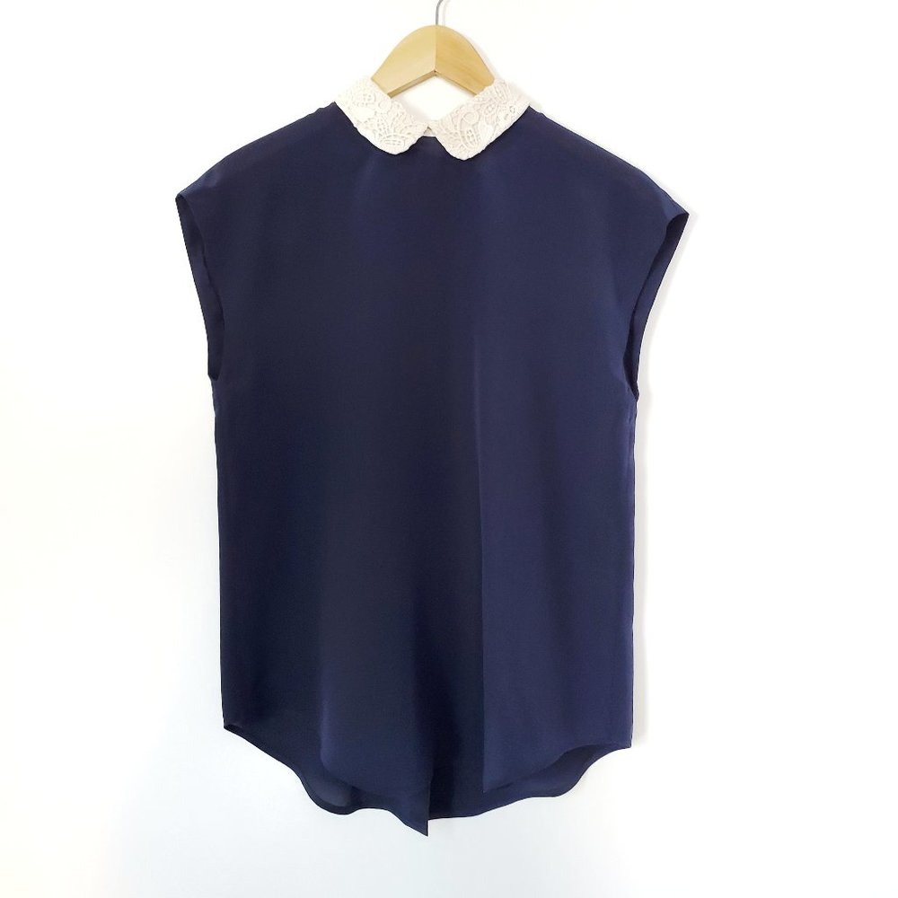 Club Monaco Sleeveless Silk Blouse Top with Lace Collar, Navy / Cream, XS